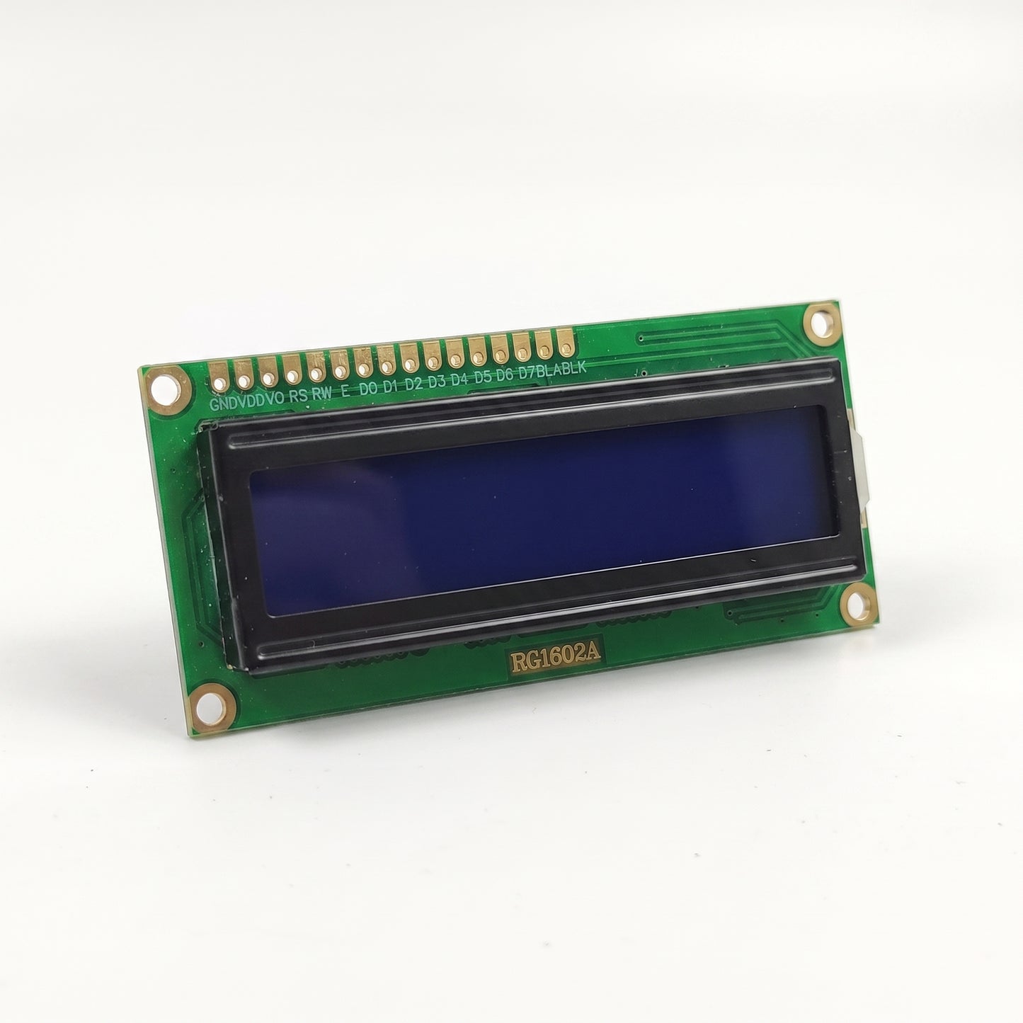 16x2 LCD display module with blue backlight front view showing pin labels