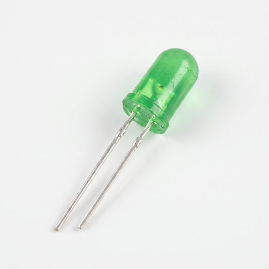 5mm green LED close-up showing translucent lens and through-hole leads