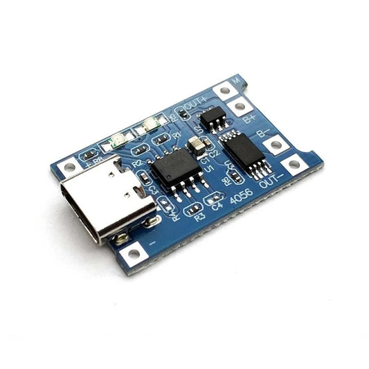 TP4056 charging module showing USB Type-C port and battery terminals