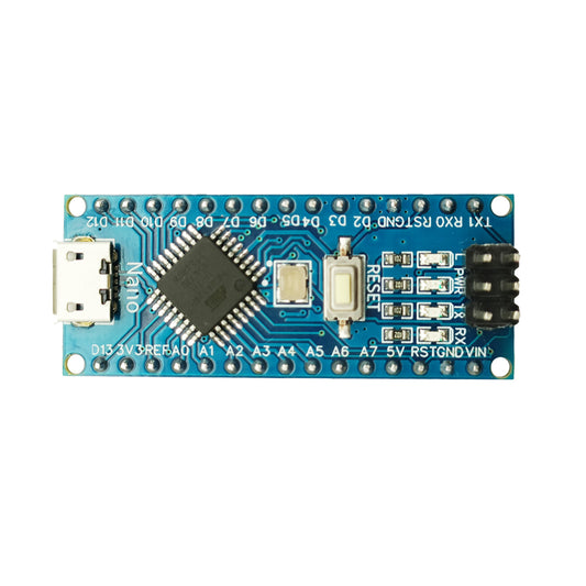 Arduino Nano blue development board pinout view showing labeled GPIO and power pins