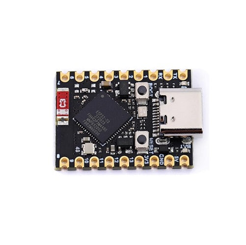 ESP32-S3 Supermini Development Kit angled product shot highlighting the USB Type-C connector, compact form factor, ESP32-S3 processor, and pin headers for embedded development projects