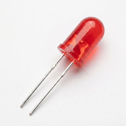 5mm red LED close-up showing translucent lens and through-hole leads
