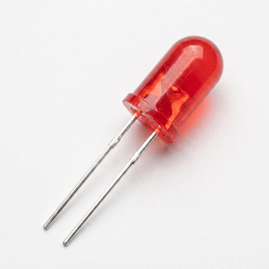 5mm red LED close-up showing translucent lens and through-hole leads