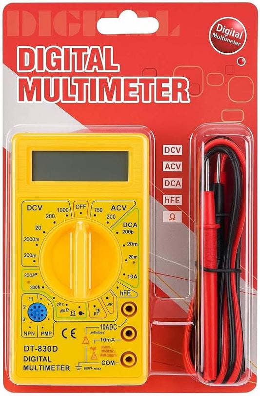 DT-830D digital multimeter front view showing yellow body, display, selector dial, and test ports