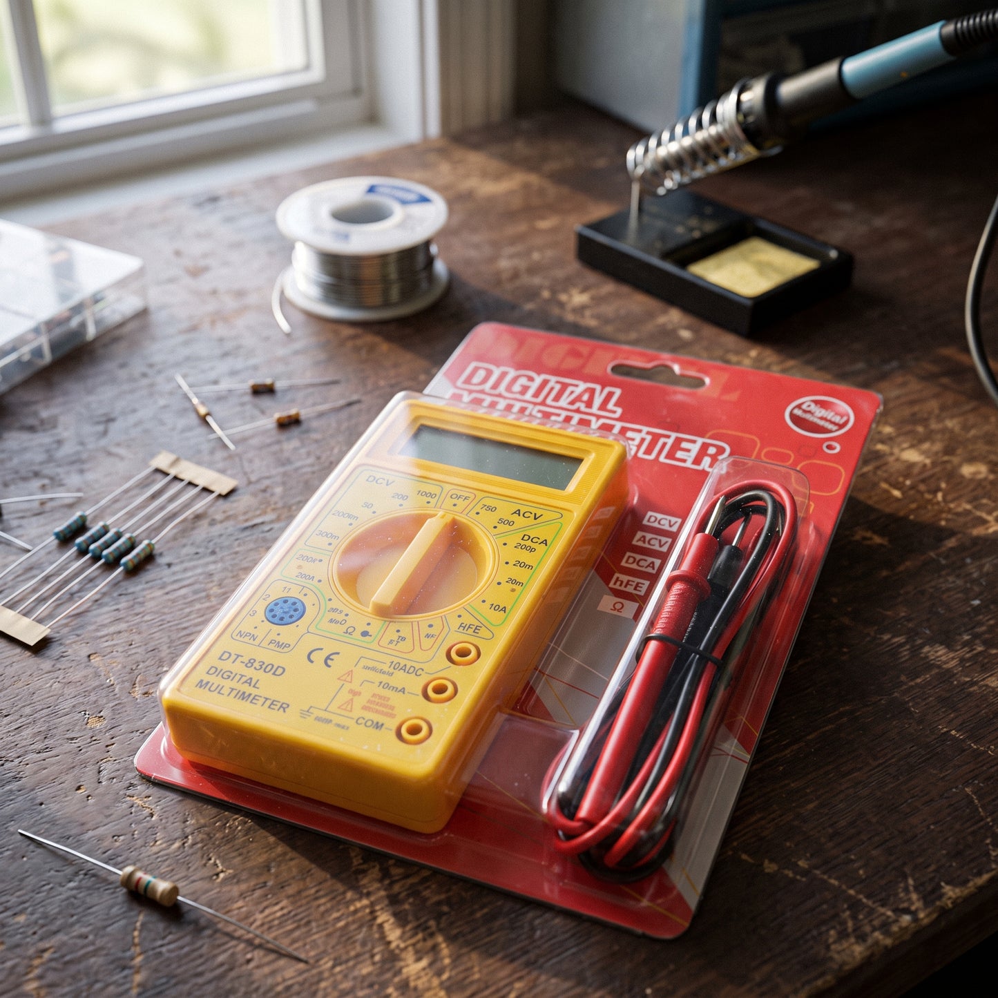 DT-830D digital multimeter product view showing yellow body, display, and test leads in packaging