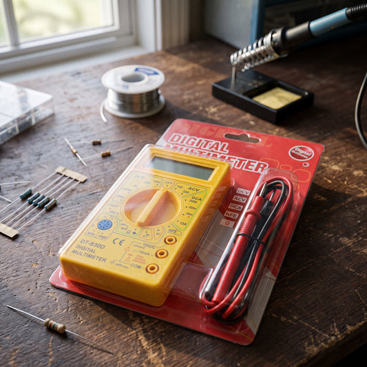 DT-830D digital multimeter product view showing yellow body, display, and test leads in packaging