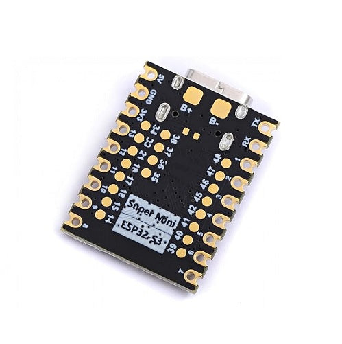 ESP32-S3 Supermini Development Kit back view displaying PCB layout, labeled GPIO pinouts, gold-plated castellated pads, and compact Supermini design on a white background
