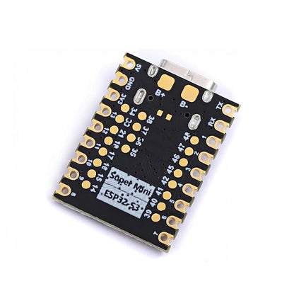 ESP32-S3 Supermini Development Kit back view displaying PCB layout, labeled GPIO pinouts, gold-plated castellated pads, and compact Supermini design on a white background