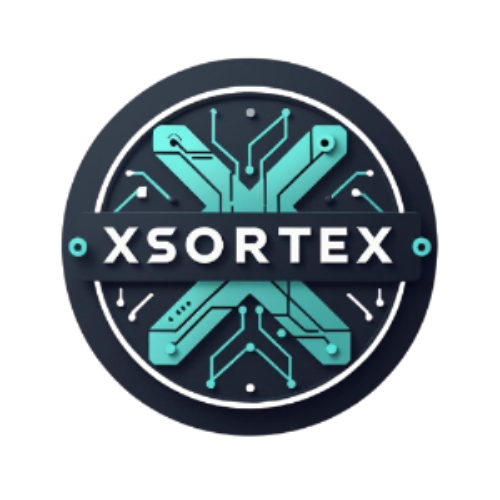 Logo of XSORTEX with a circular design and teal and black colors on a white background