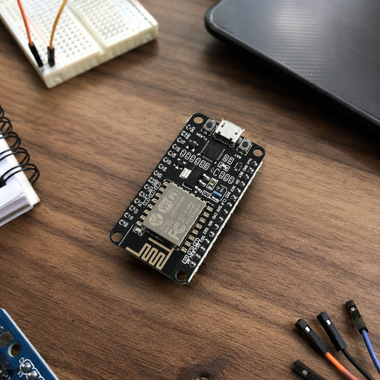 NodeMCU ESP8266 CP2102 board on desk with breadboard and jumper wires for IoT prototyping