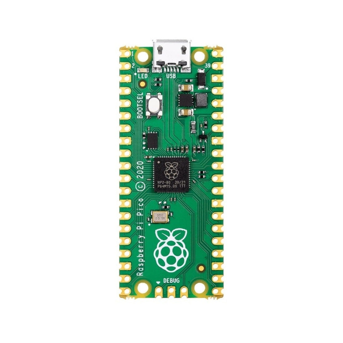 Raspberry Pi Pico RP2040 front view showing USB port, GPIO pins, and onboard components