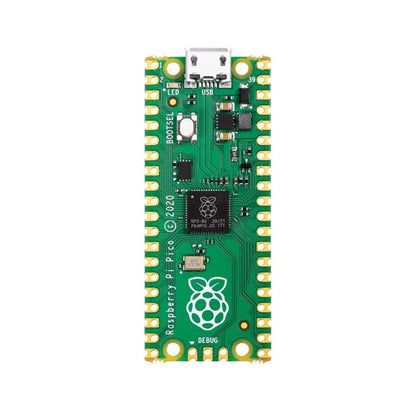 Raspberry Pi Pico RP2040 front view showing USB port, GPIO pins, and onboard components