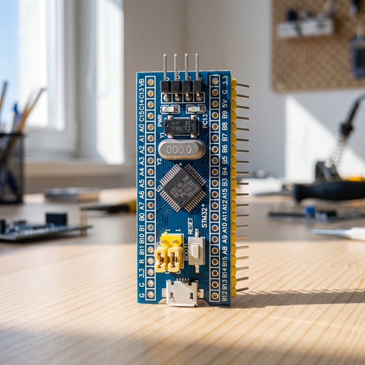 STM32F103C6T6 Blue Pill development board front view with header pins and USB connector