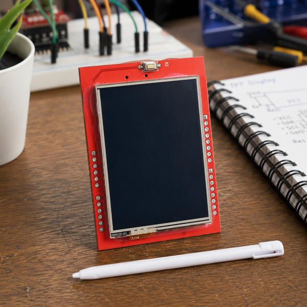 TFT 2.4 inch touch display module front view showing red PCB, screen, and stylus
