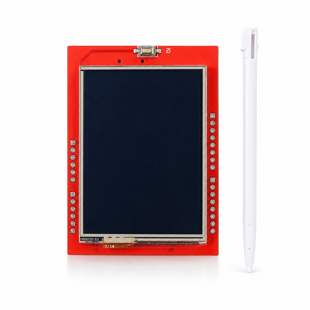 TFT 2.4 inch touch display module product view with red PCB and stylus on white background